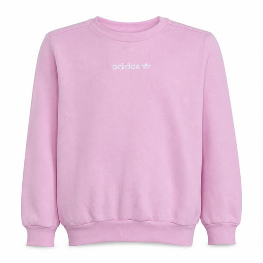 Front view of Adidas girls’ pink crew neck fleece pullover sweatshirt 13-14 years