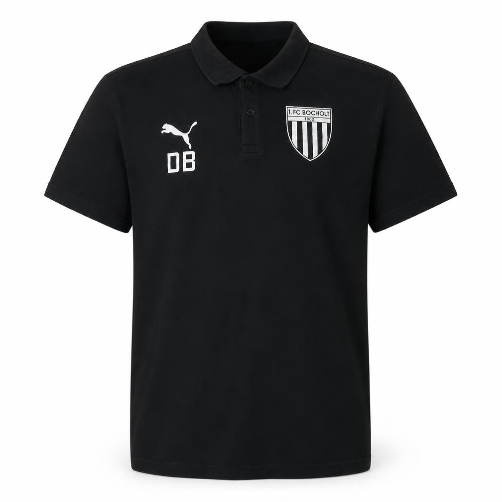 Front view of Puma Men’s Black 1.FC Bocholt Polo Shirt, size L, Casual Sportswear
