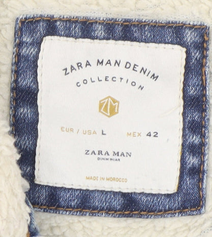 Zara Man Denim Blue Sherpa Lined Jacket Men L Casual Classic