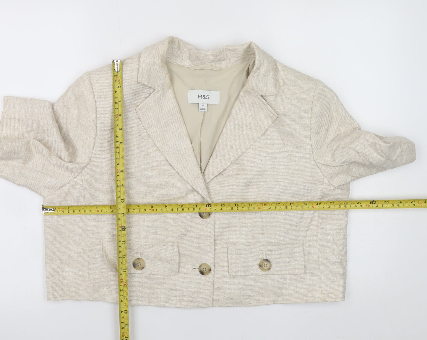 Marks and Spencer Women Beige Linen Blend Cropped Blazer Size 16