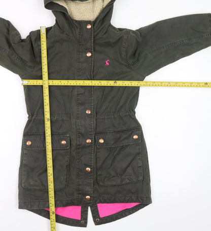Joules Girls Green Hooded Parka Coat 7 Years Lined Zip-Up