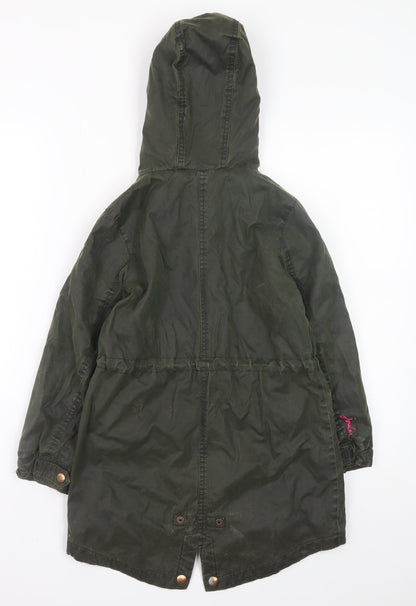 Joules Girls Green Hooded Parka Coat 7 Years Lined Zip-Up