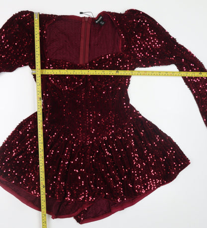 PrettyLittleThing Women Red Velvet Sequin Playsuit UK 8 Long Sleeve