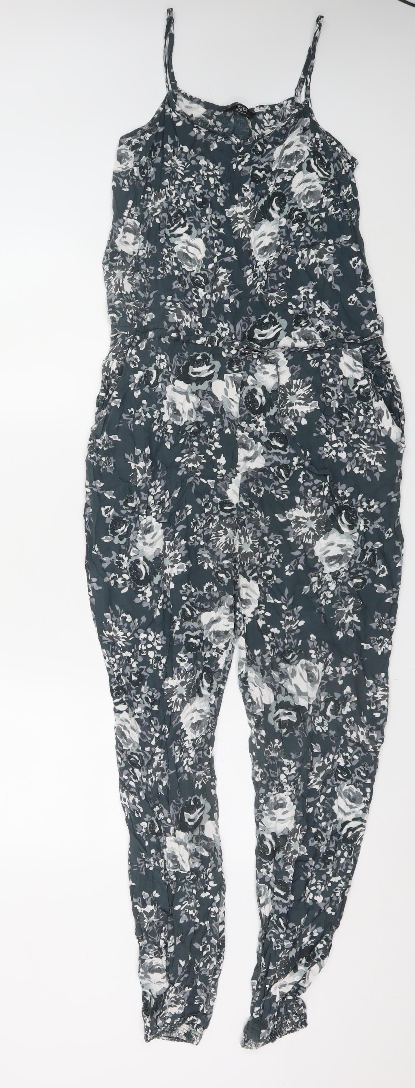 F&F Women Black Floral Sleeveless Jumpsuit Size 10 Viscose Casual Style