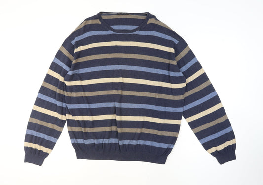 Jaeger Men's Blue Striped Cotton Crew Neck Jumper XL