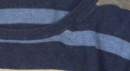 Jaeger Men's Blue Striped Cotton Crew Neck Jumper XL