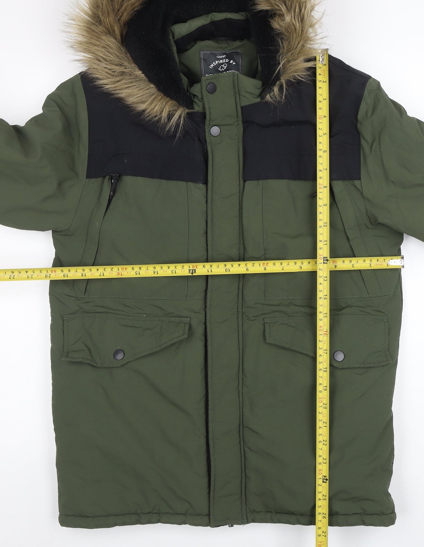 George Boys Green Parka Coat 14-15 Years Faux Fur Hood Winter Jacket