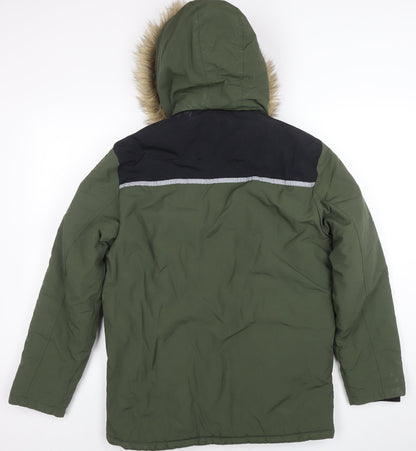 George Boys Green Parka Coat 14-15 Years Faux Fur Hood Winter Jacket