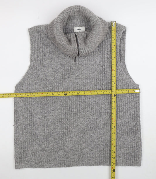OBJECT Women Grey Roll Neck Sleeveless Rib Knit Vest L