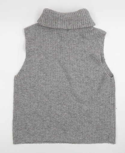 OBJECT Women Grey Roll Neck Sleeveless Rib Knit Vest L