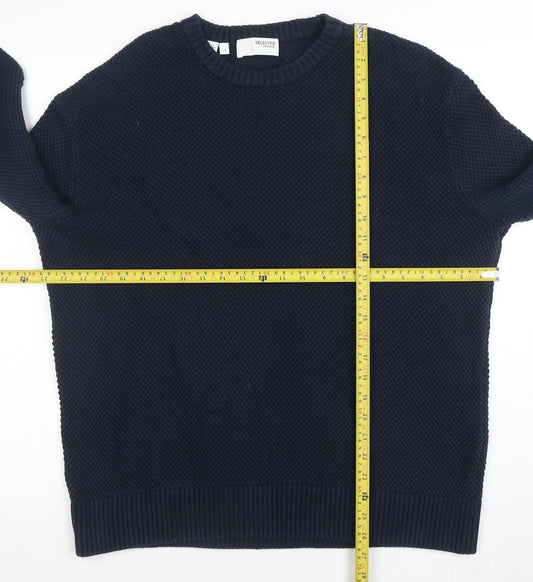 SELECTED HOMME Men’s Blue Cotton Crew Neck Waffle Knit Jumper L