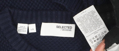 SELECTED HOMME Men’s Blue Cotton Crew Neck Waffle Knit Jumper L