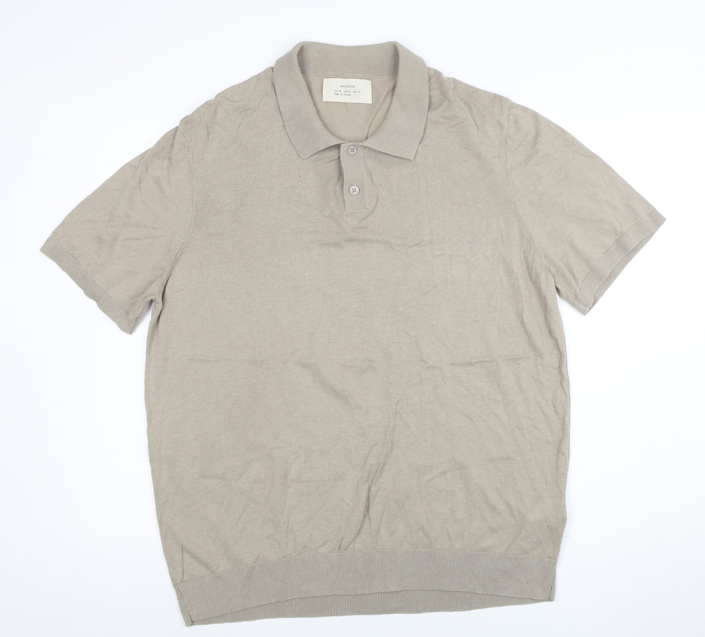 ZARA ORIGINS Men’s Beige Cotton Knit Polo Shirt L Short Sleeve