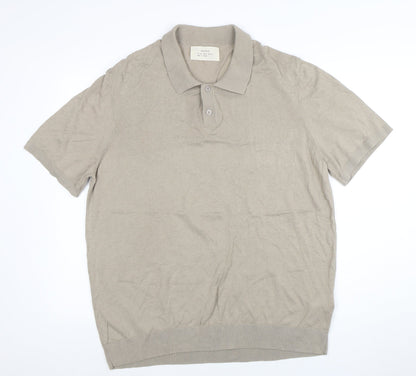 ZARA ORIGINS Men’s Beige Cotton Knit Polo Shirt L Short Sleeve