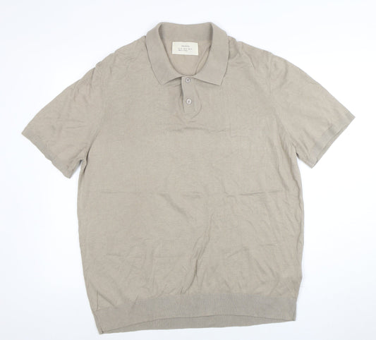 ZARA ORIGINS Men’s Beige Cotton Knit Polo Shirt L Short Sleeve