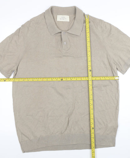 ZARA ORIGINS Men’s Beige Cotton Knit Polo Shirt L Short Sleeve