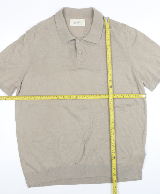 ZARA ORIGINS Men’s Beige Cotton Knit Polo Shirt L Short Sleeve