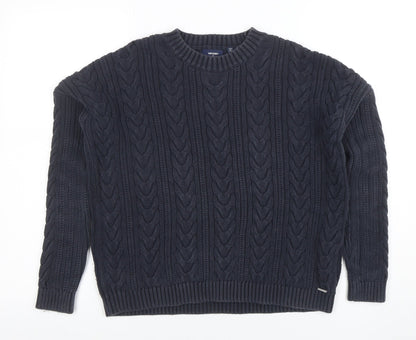 Superdry Womens Blue Cable Knit Crew Neck Cotton Jumper Size 8