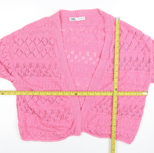 ZARA Women’s Pink Open Knit Cardigan Size 8 V-Neck Lightweight