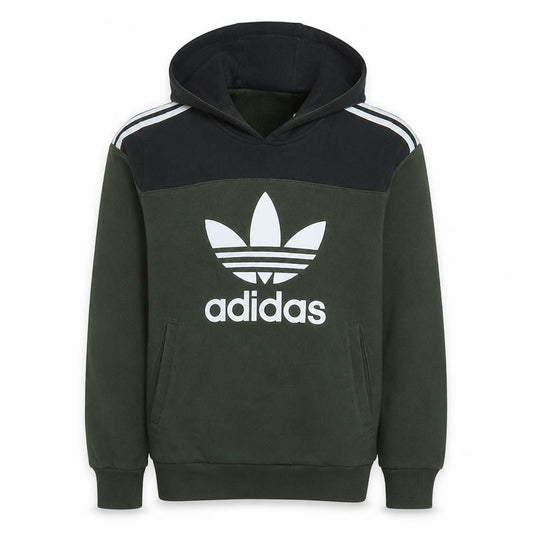 Front view of adidas boys’ green pullover fleece hoodie 13-14 years logo hooded sweatshirt