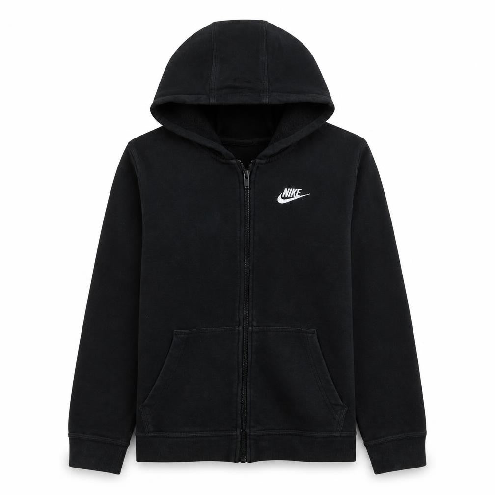 Front view of Nike boys’ black xl full zip hoodie with logo - classic fleece sweatshirt
