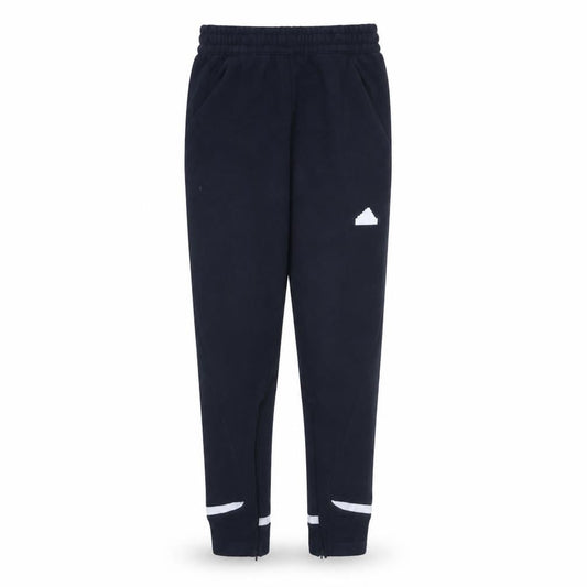 Front view of Adidas Men's Blue Tapered Track Pants, size S, Elastic Waist Activewear
