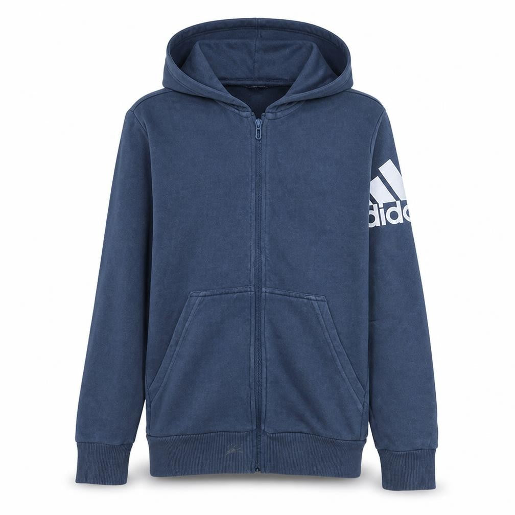 Front view of Adidas boys’ blue full zip hoodie 13-14 years regular fit sportswear