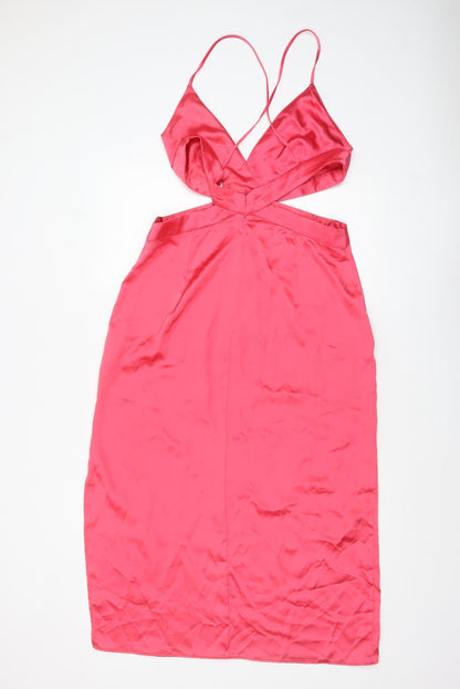 Zara Women Pink Satin Cut Out Slip Midi Dress XL