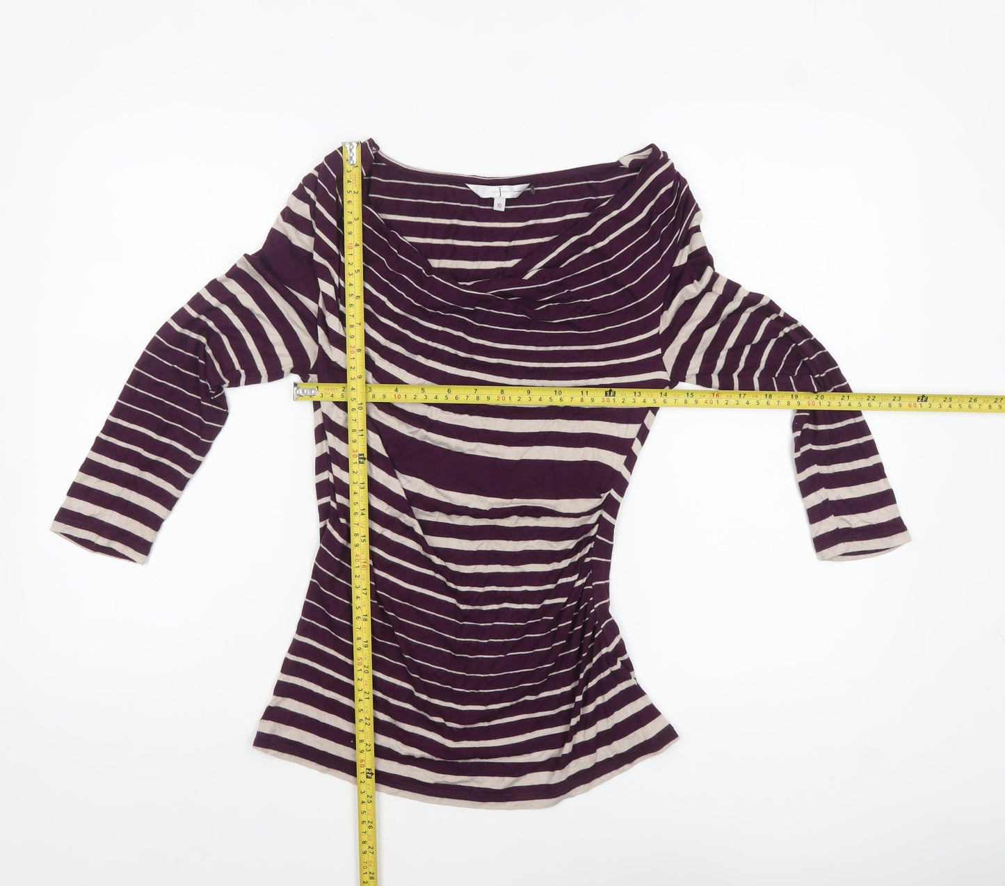 Jasper Conran Women Purple Striped 3/4 Sleeve Cowl Neck Tunic Top Size 10