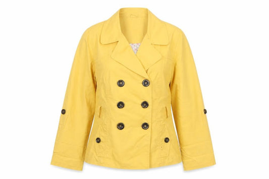 Front view of Fashion Union women’s yellow cotton pea coat jacket, size UK 12