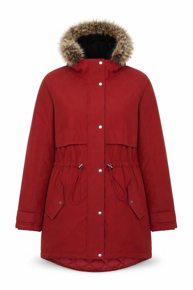 George Women's Red Parka Coat Faux Fur Hooded Size M