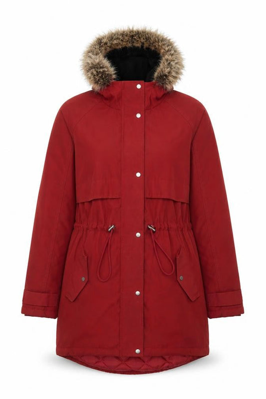 George Women's Red Parka Coat Faux Fur Hooded Size M
