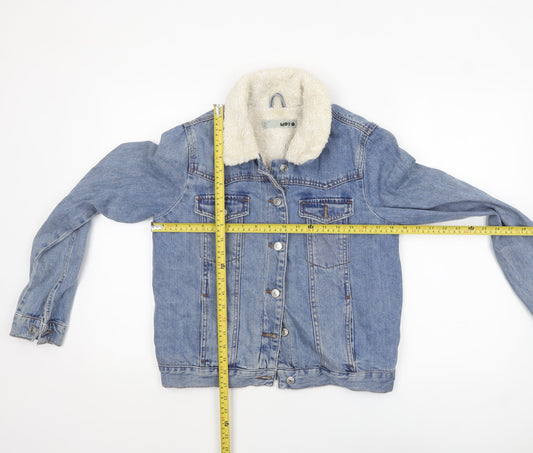 Topshop Moto Women's Blue Denim Faux Fur Collar Jacket Size 10