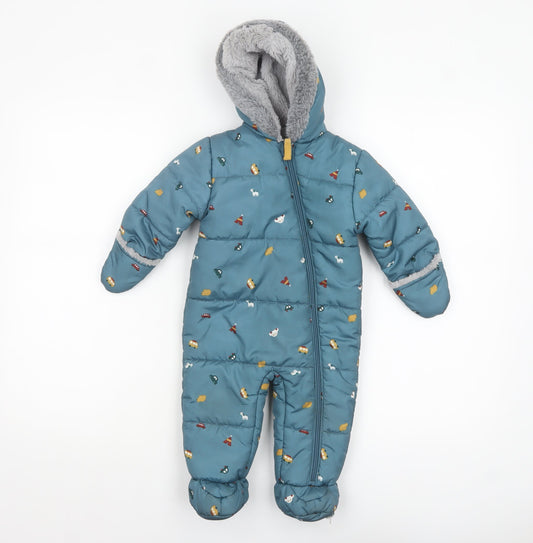 Nutmeg Unisex Baby Blue Animal Print Hooded Snowsuit 6-9 Months Puffer