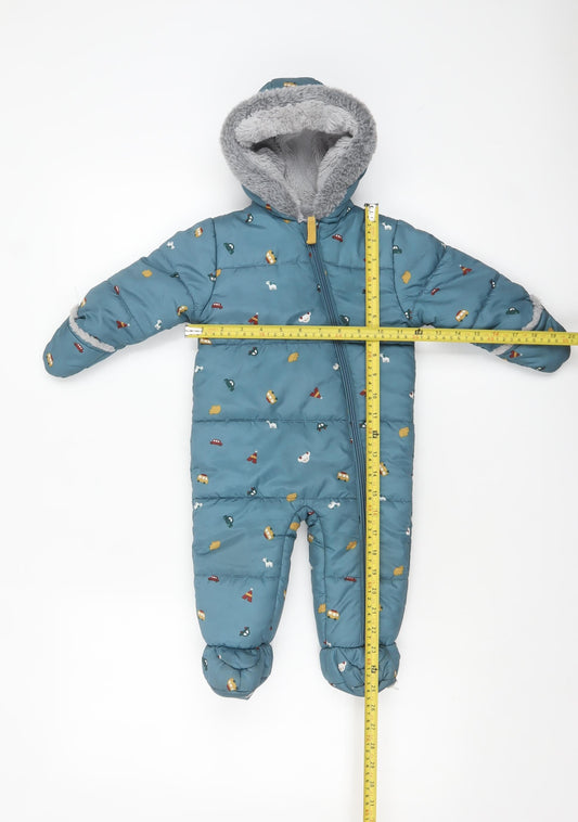 Nutmeg Unisex Baby Blue Animal Print Hooded Snowsuit 6-9 Months Puffer