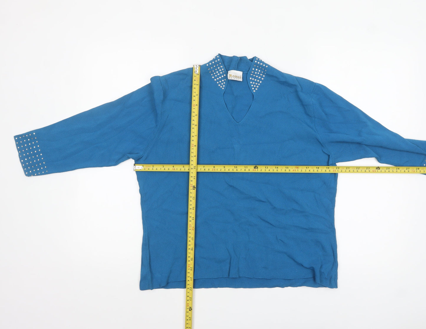 Roman Originals Women Blue Studded V-Neck 3/4 Sleeve Knit Jumper L