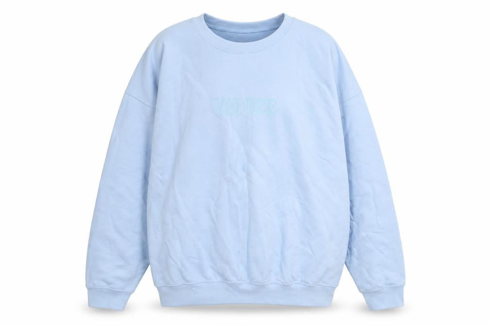 Front view of PRETTYLITTLETHING Blue Venice Embroidered Sweatshirt Medium unisex