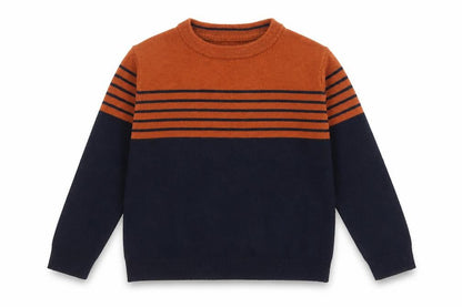 FatFace Boys Navy & Rust Striped Jumper Crew Neck 6-7 Years Cotton Wool