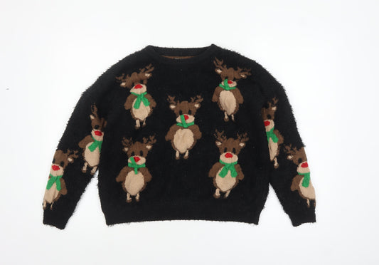 Nutmeg Women's Black Christmas Reindeer Pullover Jumper Size 16-18