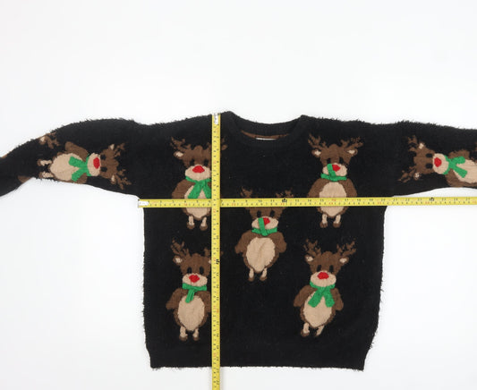 Nutmeg Women's Black Christmas Reindeer Pullover Jumper Size 16-18