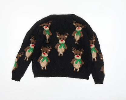 Nutmeg Women's Black Christmas Reindeer Pullover Jumper Size 16-18