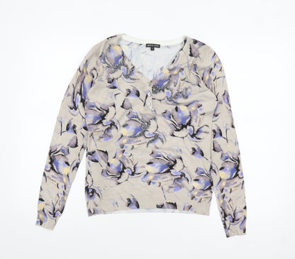 Leo & Ugo Women Beige Floral V-Neck Henley Knit Jumper M