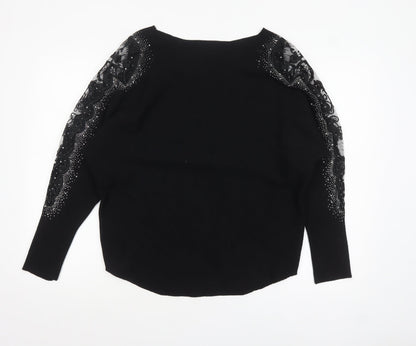 Quiz Women Black Embellished Lace Sleeve Boat Neck Jumper M