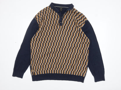 Next Men's Blue Geometric Cotton Henley Jumper XL