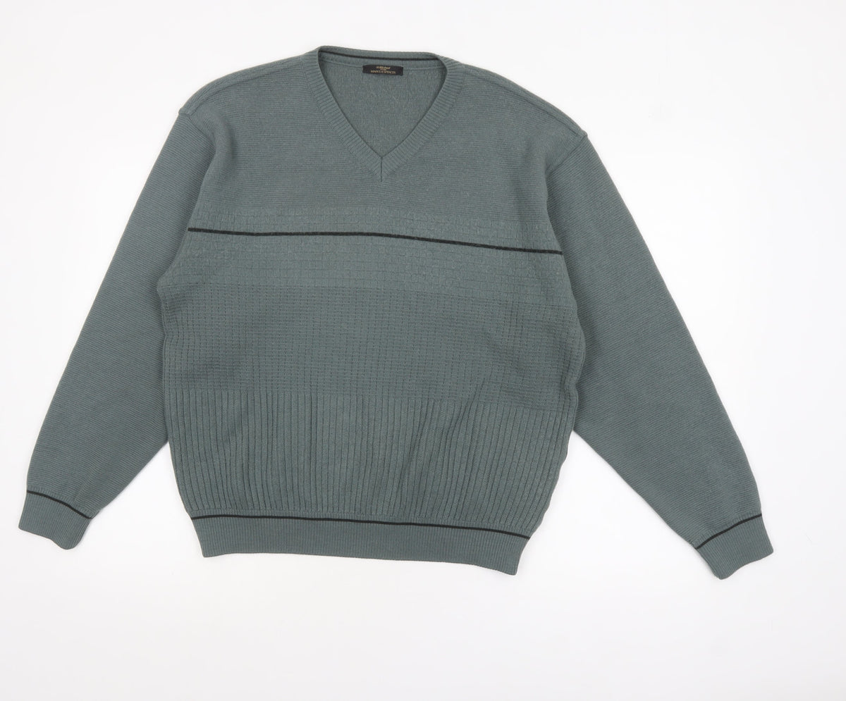 Marks and Spencer Men’s Green V-Neck Wool Blend Pullover Jumper L