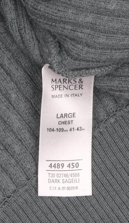 Marks and Spencer Men’s Green V-Neck Wool Blend Pullover Jumper L