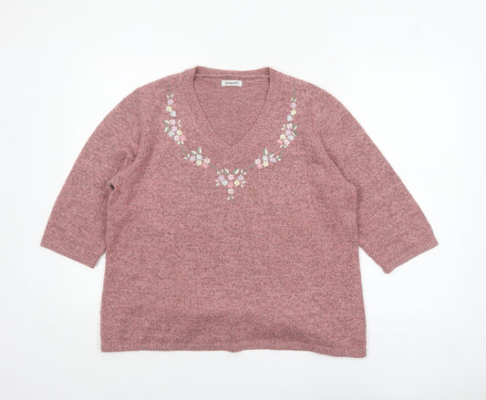 Damart Women Pink Medium 14/16 Embroidered V-Neck 3/4 Sleeve Jumper