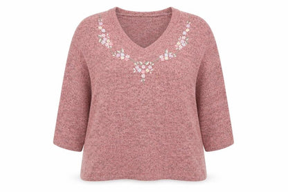 Damart Women Pink Medium 14/16 Embroidered V-Neck 3/4 Sleeve Jumper