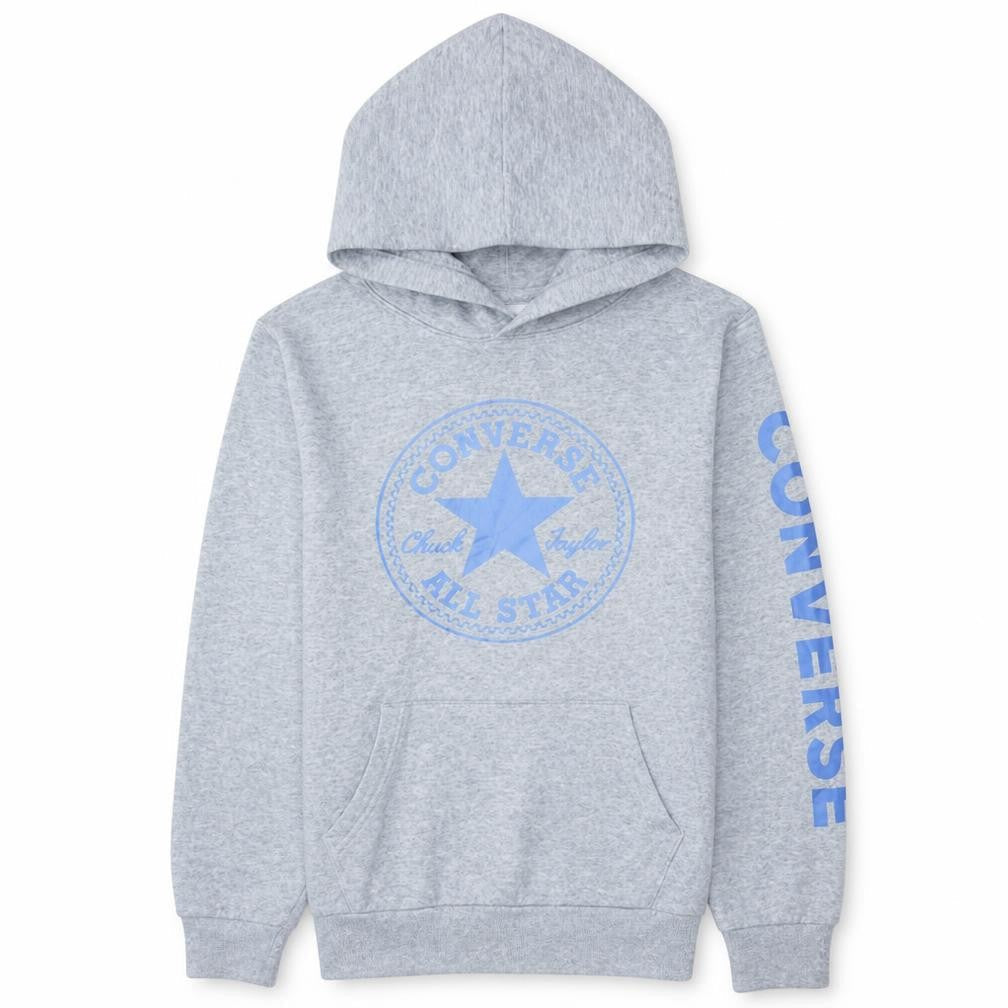 Front view of Converse boys’ grey pullover hoodie l 12-13 years logo fleece sweatshirt
