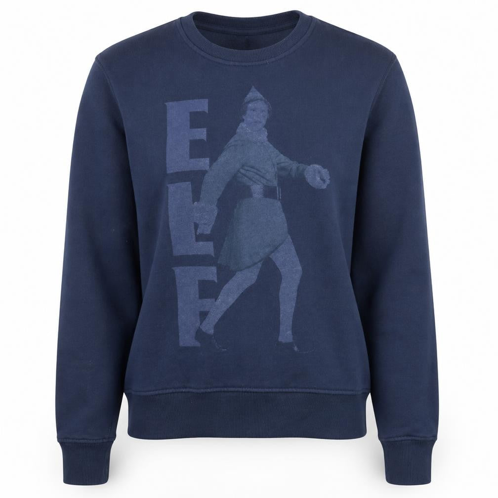 Front view of Cedarwood State unisex navy blue elf sweatshirt medium pullover christmas